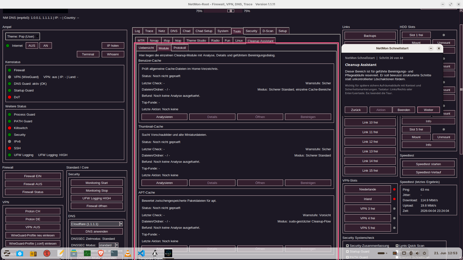 Cleanup Assistant in NetMon mit Cache-Pruefungen, Analyseaktionen und gefuehrtem Bereinigungsablauf