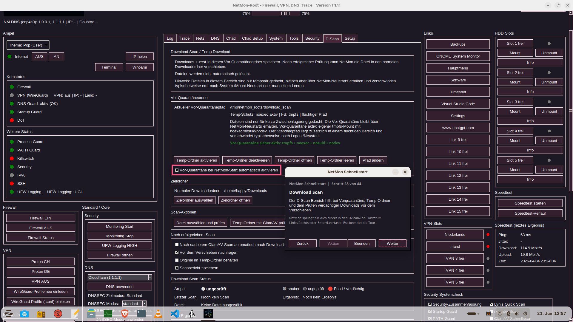 Download-Scan in NetMon mit Vorquarantaene, Temp-Ordner und Tour-Hinweis