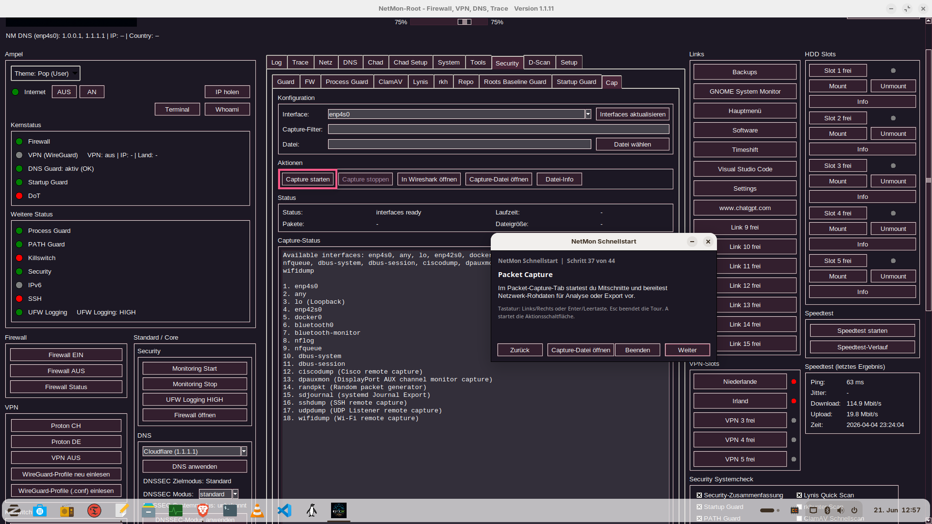 Packet-Capture-Bereich in NetMon mit Interface-Auswahl, Capture-Status und Export-/Wireshark-Aktionen