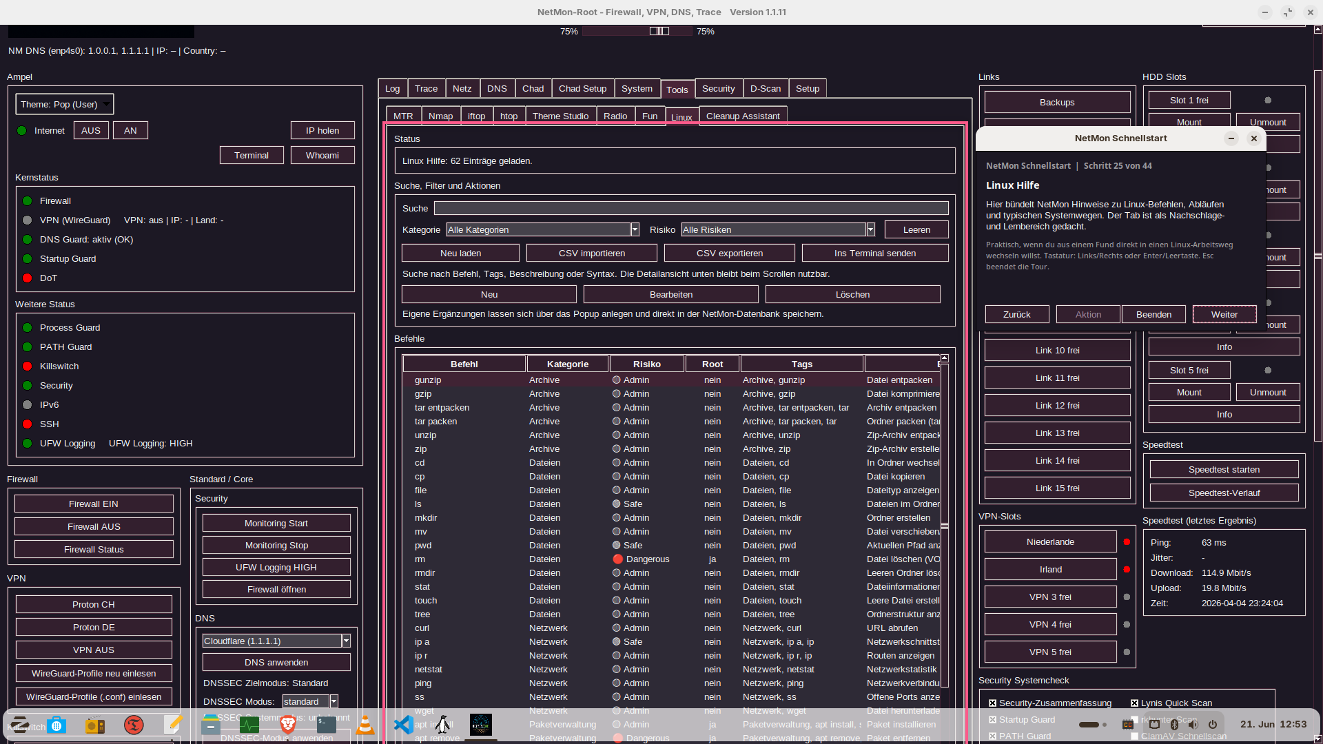 Linux-Hilfe in NetMon mit Such- und Glossarbereich