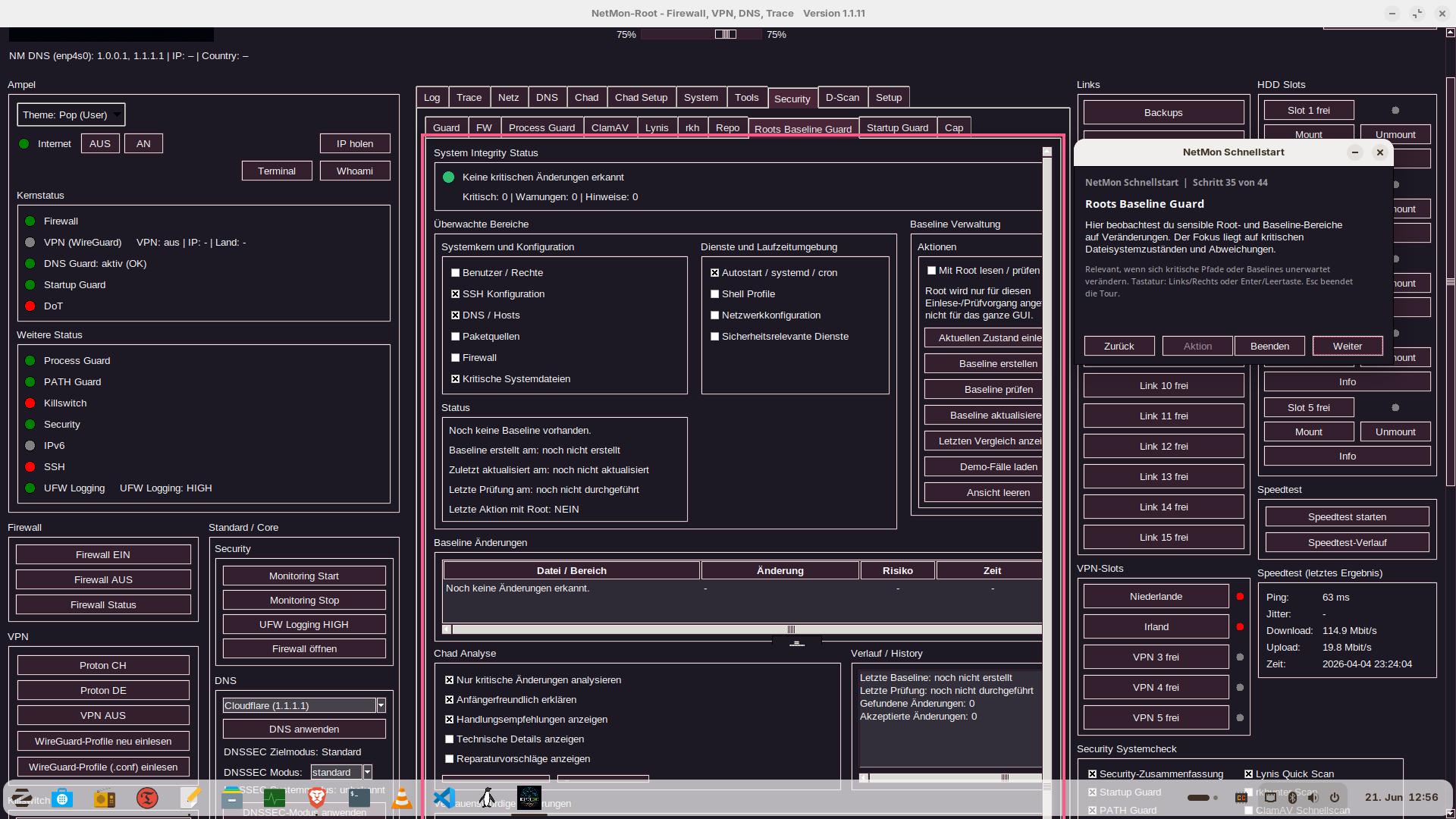 Roots Baseline Guard in NetMon mit Ueberwachungsbereichen und Aktionen