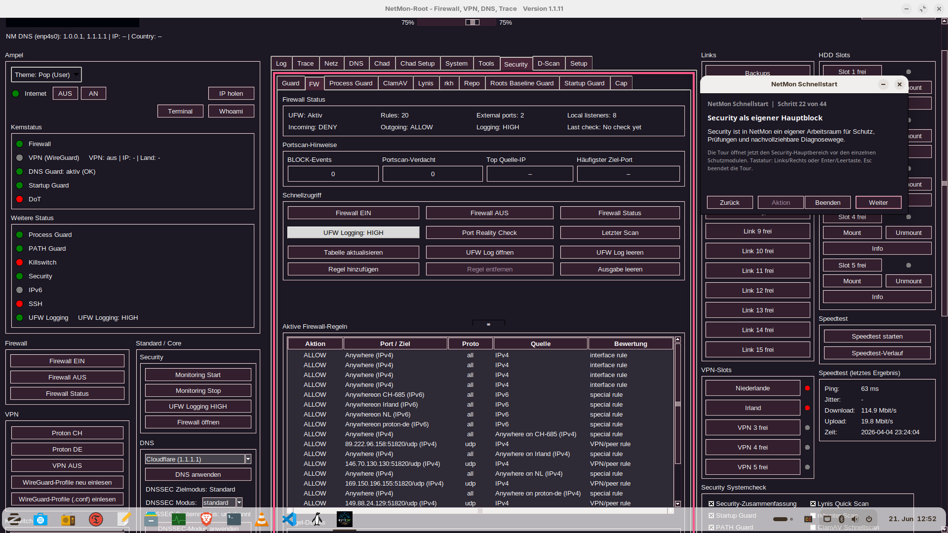 Security-Bereich von NetMon mit Firewall-Status und Schnellzugriffen