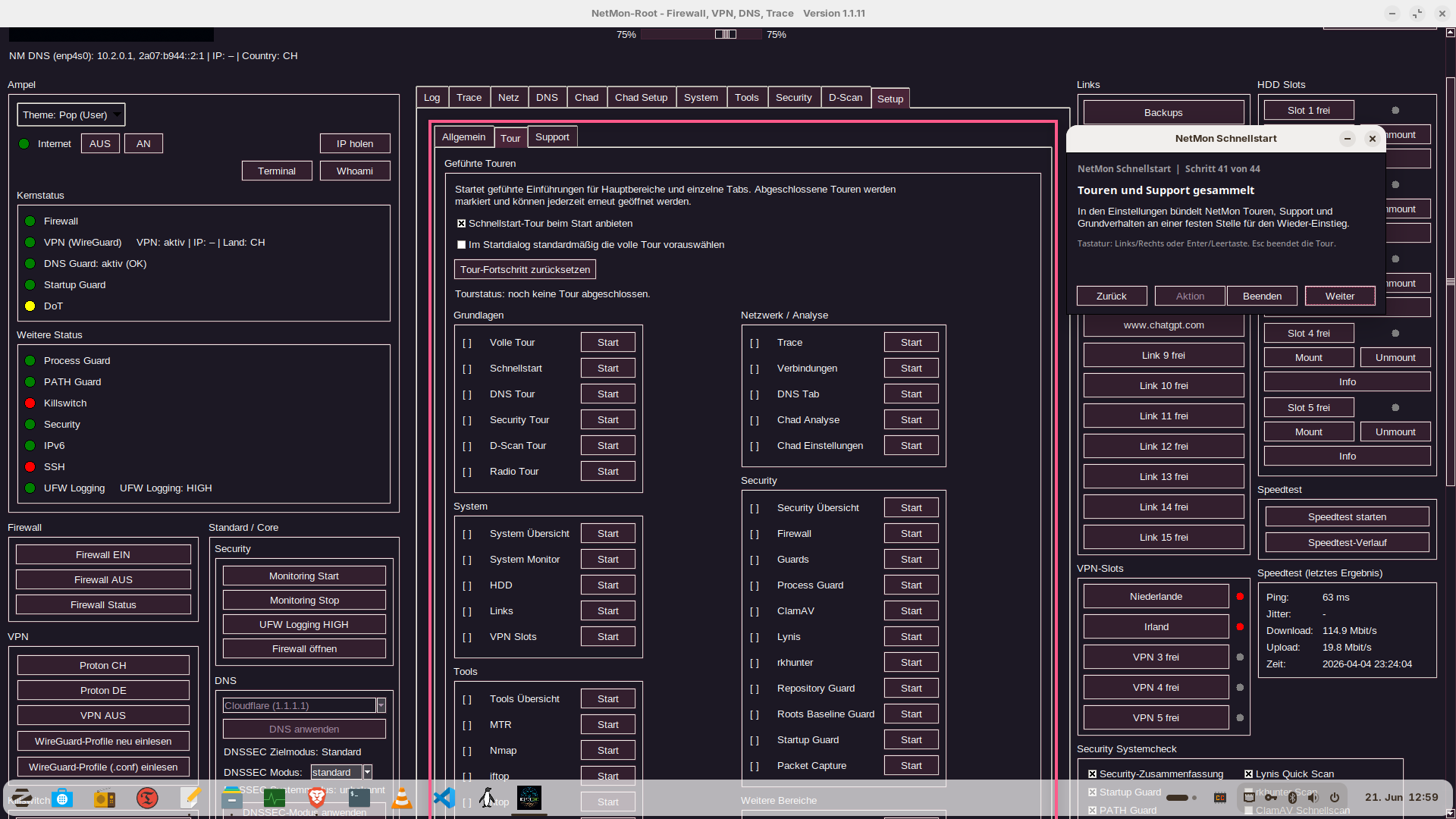 Setup-Bereich in NetMon mit gefuehrten Touren, Tourstatus und Support-Einstieg